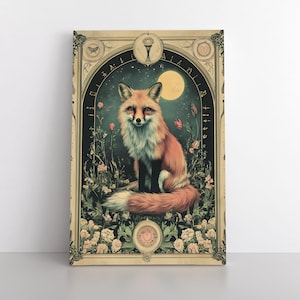 Art mural sur toile renard céleste | Carte de tarot inspirée mystique terreux spirituel fantaisie Art nouveau déco sorcière renard roux mignon