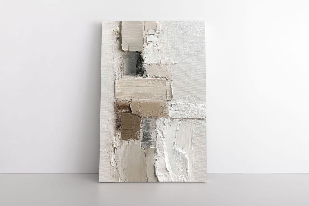 Neutral Abstract Wall Art in Soft Beige and Stone Tones, Modern Impasto ...