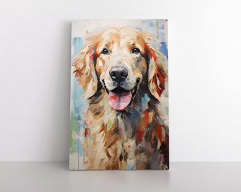 Colorful Cute Abstract Golden Retriever Dog Portrait Oil Painting Print on Canvas | Golden Retriever Dog Artwork Wall Art Gift