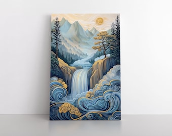 Zen Waterfall Wall Art – Tranquil Mountain Landscape Canvas Print for Meditation or Yoga Room – Calming Nature Artwork for Peaceful Spaces