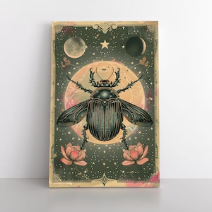Scarab Beetle Tarot Card Inspired Canvas Wall Art Print | Earthy Celestial Mystical Whimsigoth Witchy Decor | Lunar Egyptian Art Nouveau