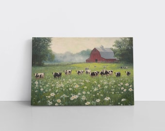 May include: A rectangular canvas print featuring a pastoral landscape painting. The scene depicts a herd of black and white cows grazing in a lush green meadow filled with white daisies, with a large red barn in the background under a soft sky.