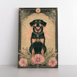 Niedliche Rottweiler Hund Tarot Karte Inspiriert Leinwand Wand Kunst | Erdige himmlische mystische Witchy Whimsigoth Dekor Haustier Rottweiler Welpen Geschenk