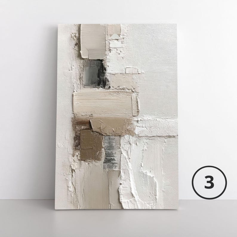 May include: A rectangular canvas painting featuring thick, layered impasto texture in a neutral color palette of white, cream, beige, taupe, and dark gray. The composition displays vertical and horizontal brushstrokes with visible paint ridges.