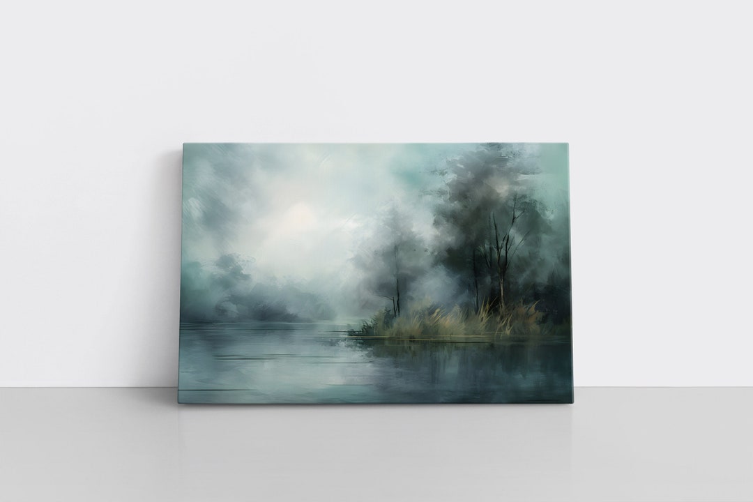 Abstract Watercolor Misty Lake & Trees Landscape Painting Print Framed ...