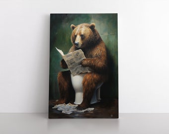 Brown Grizzly Bear Sitting On The Toilet | Painting Print on Framed Canvas | Funny Animals Wall Art | Hilarious Bathroom Art | Humor Decor