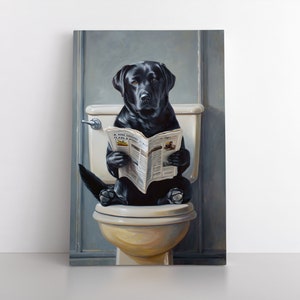 Black Labrador Dog Sitting on the Toilet Reading Newspaper Painting ...
