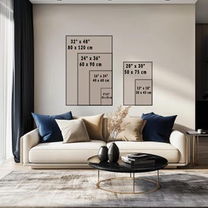 May include: A wall display showing five rectangular frames with dimensions in inches and centimeters: 32" x 48" (80 x 120 cm), 24" x 36" (60 x 90 cm), 16" x 24" (40 x 60 cm), 8" x 12" (20 x 30 cm), 20" x 30" (50 x 75 cm), and 12" x 18" (30 x 45 cm).