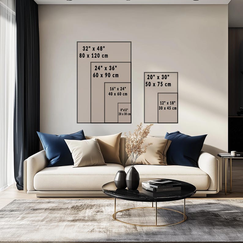 May include: A wall display showing five rectangular frames with dimensions in inches and centimeters: 32" x 48" (80 x 120 cm), 24" x 36" (60 x 90 cm), 16" x 24" (40 x 60 cm), 8" x 12" (20 x 30 cm), 20" x 30" (50 x 75 cm), and 12" x 18" (30 x 45 cm).