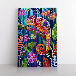 Colorful Tropical Chameleon Wall Art Print on Framed Canvas | Cute Happy Animals Decor | Lizard Reptile Artwork | Pet Chameleon Gift Kids