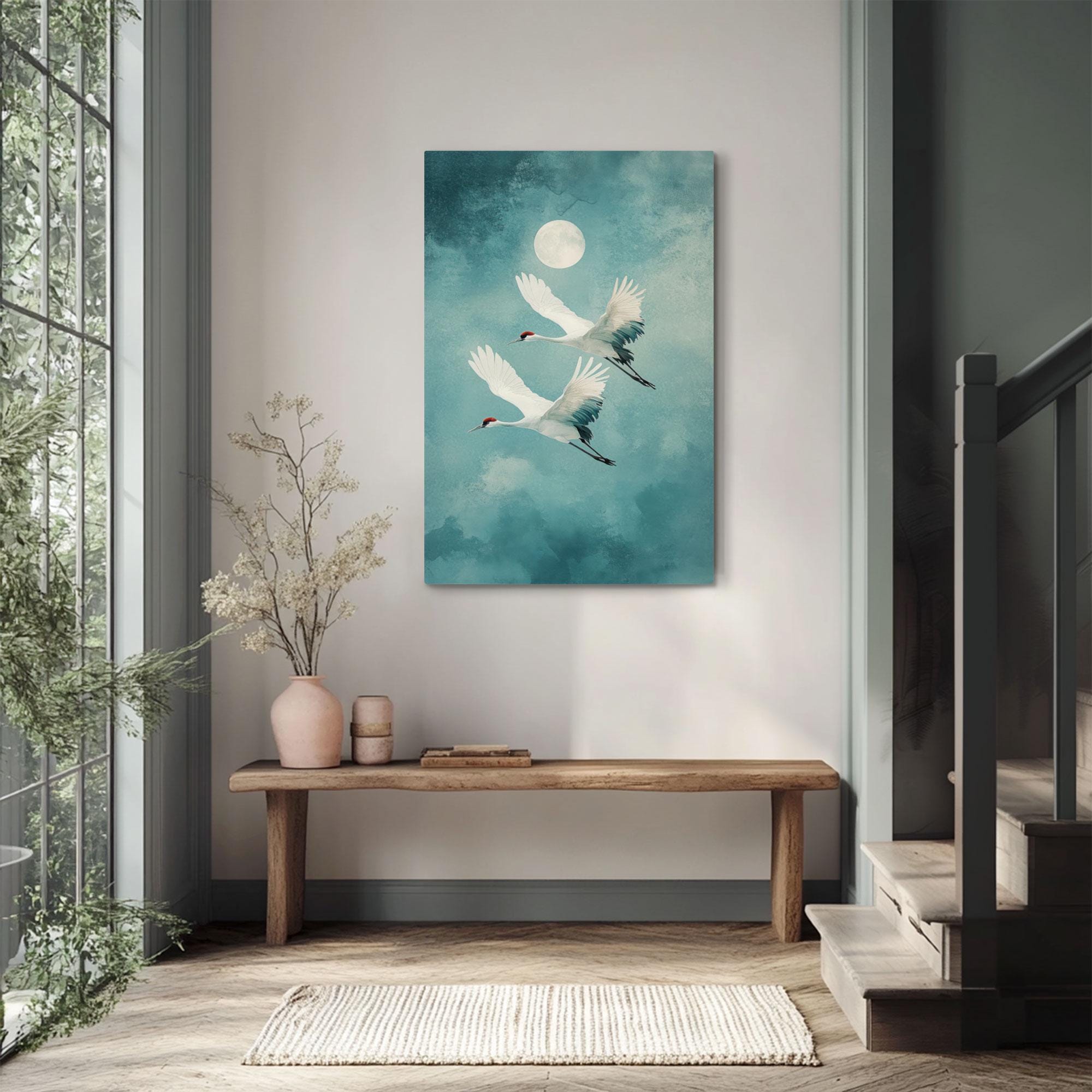 Cranes Flying in Moonlight – Blue Watercolor Japanese Bird Wall