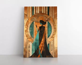 Vintage 1920's Art Deco Style Woman Wall Art Print on Framed Canvas | Modern Contemporary Elegant Artwork Decor | Teal Gold Brown Colors