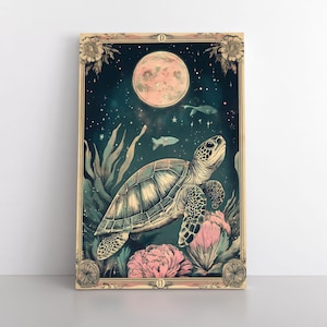 Himmlische Meeresschildkröte Leinwanddruck | Meerestiere Küstenleben Kunstwerk | Niedliche Schildkröte | Tarotkarte Inspiriert Erdig Magisch