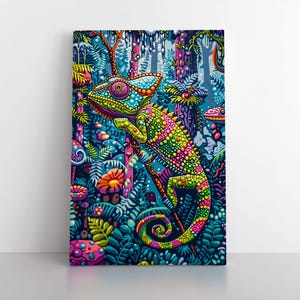Colorful Trippy Chameleon Wall Art Print on Framed Canvas | Jungle Animals Decor | Lizard Reptile Artwork | Pet Chameleon Gift Kids