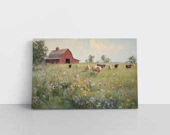 May include: A rectangular canvas print featuring an oil painting of a rural landscape. A red barn stands in the distance behind a green pasture filled with wildflowers in the foreground. Several cows graze in the field under a pale blue sky.