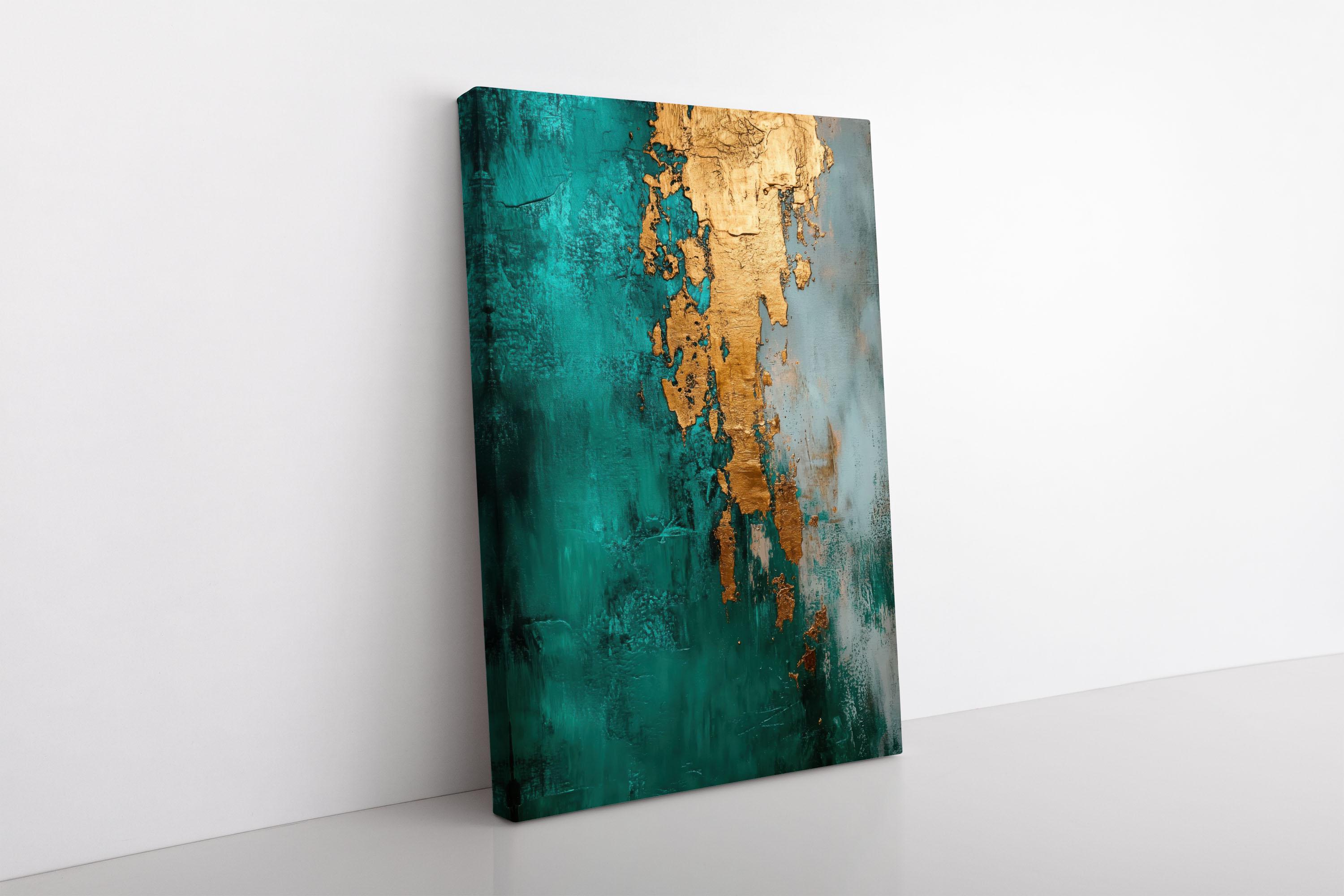 Abstract Teal & Metallic Gold Painting Print on Framed Canvas Wall Art ...