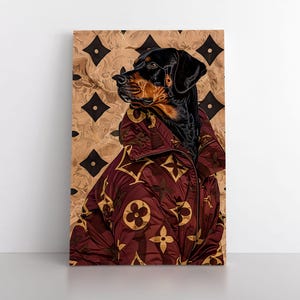 Fashionable Designer Rottweiler Dog Artwork Print on Canvas | Cute Pet Rottweiler Wall Art Gift Trendy Modern Vogue Luxury Fashion Dog Decor