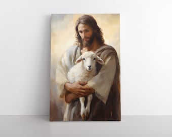 Cuadro antiguo de Jesucristo el Buen Pastor impreso en lienzo enmarcado para pared. Decoración cristiana para la iglesia, Dios, la Biblia, la fe y la primera comunión.