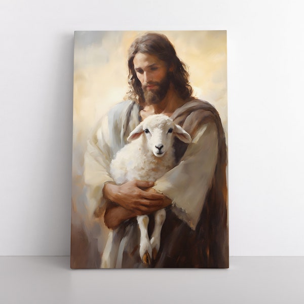 Vintage Jesus Christ The Good Shepherd Oil Painting Print on Framed Canvas Wall Art Christian Decor Church God Bible Faith First Communion