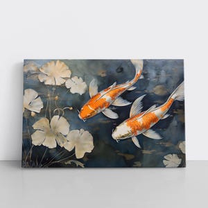 Koi Fish Painting | Koi Carp Drawing on Framed Canvas Artwork | Koi Pond Wall Art