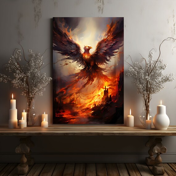 Fiery Phoenix Bird Rising From Flames Wall Art Print on Framed