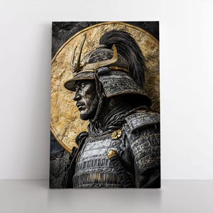 Ancient Samurai Warrior Framed Canvas Print Wall Art | Masculine Fighter Decor | Ronin Shogun, Gift for Martial Arts Man, Black Gold Stone