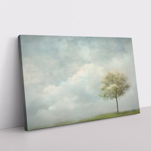 A calming lone tree amidst a blue sky with fluffy clouds, abstract painting on a framed and ready-to-hang canvas.