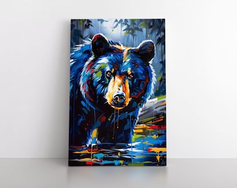 Colorful Black Bear Oil Painting Print on Framed Canvas Wall Art | Mountain Lodge Decor Animals Wildlife | Bear Artwork Decor