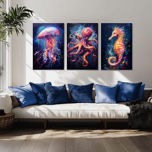 3 Colorful Sea Life Oil Painting Prints Bundle Set on Framed Canvas Wall Art | Sea Horse Octopus Jellyfish | Sea Life Artwork Coastal Ocean