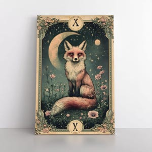 Impression d'art mural renard inspiré d'une carte de tarot | Mystique terrestre céleste spirituel fantaisie Art nouveau déco de sorcellerie renard roux mignon