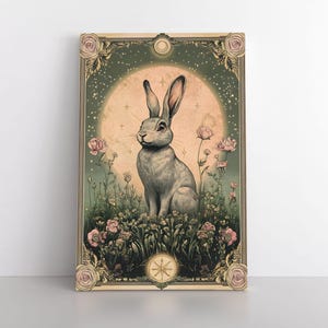 Niedliches Kaninchen Leinwanddruck | Tarot Karte Inspiriert Erdig Himmlisch Mystisch Whimsigoth Jugendstil Dekor | Witchy Kunstwerk Hase