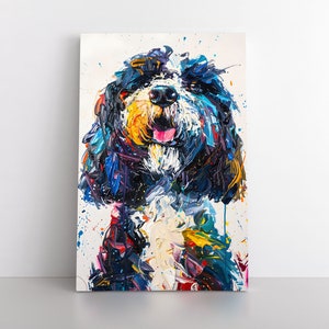 Colorful Cute Portuguese Water Dog Portrait Oil Painting Print | Abstract Portuguese Water Dog Artwork | Portie Pet Gift Wall Art