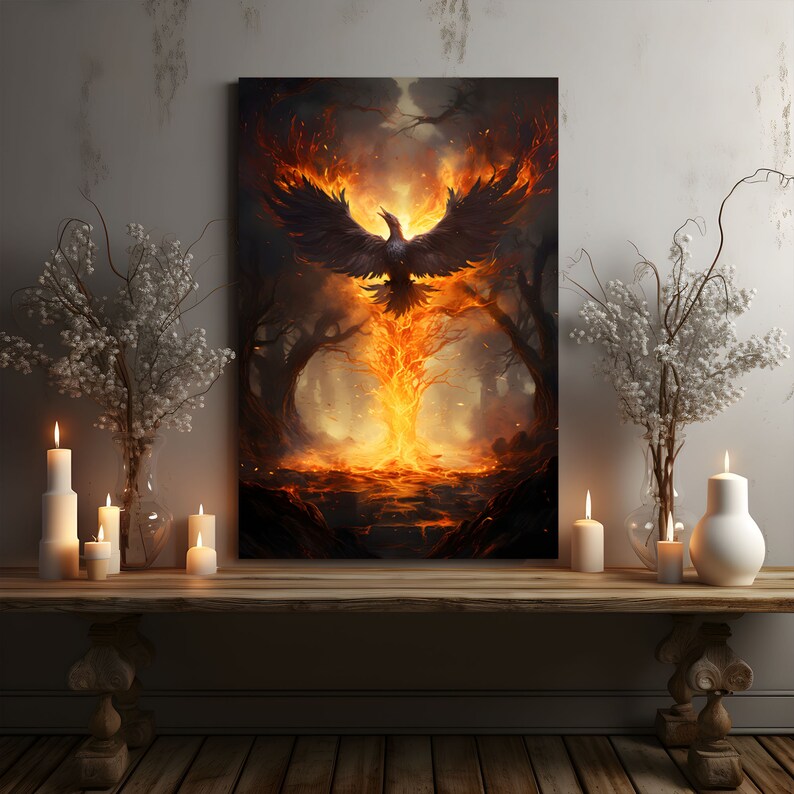 Fiery Phoenix Bird Rising From Flames Wall Art Print on Framed Canvas ...