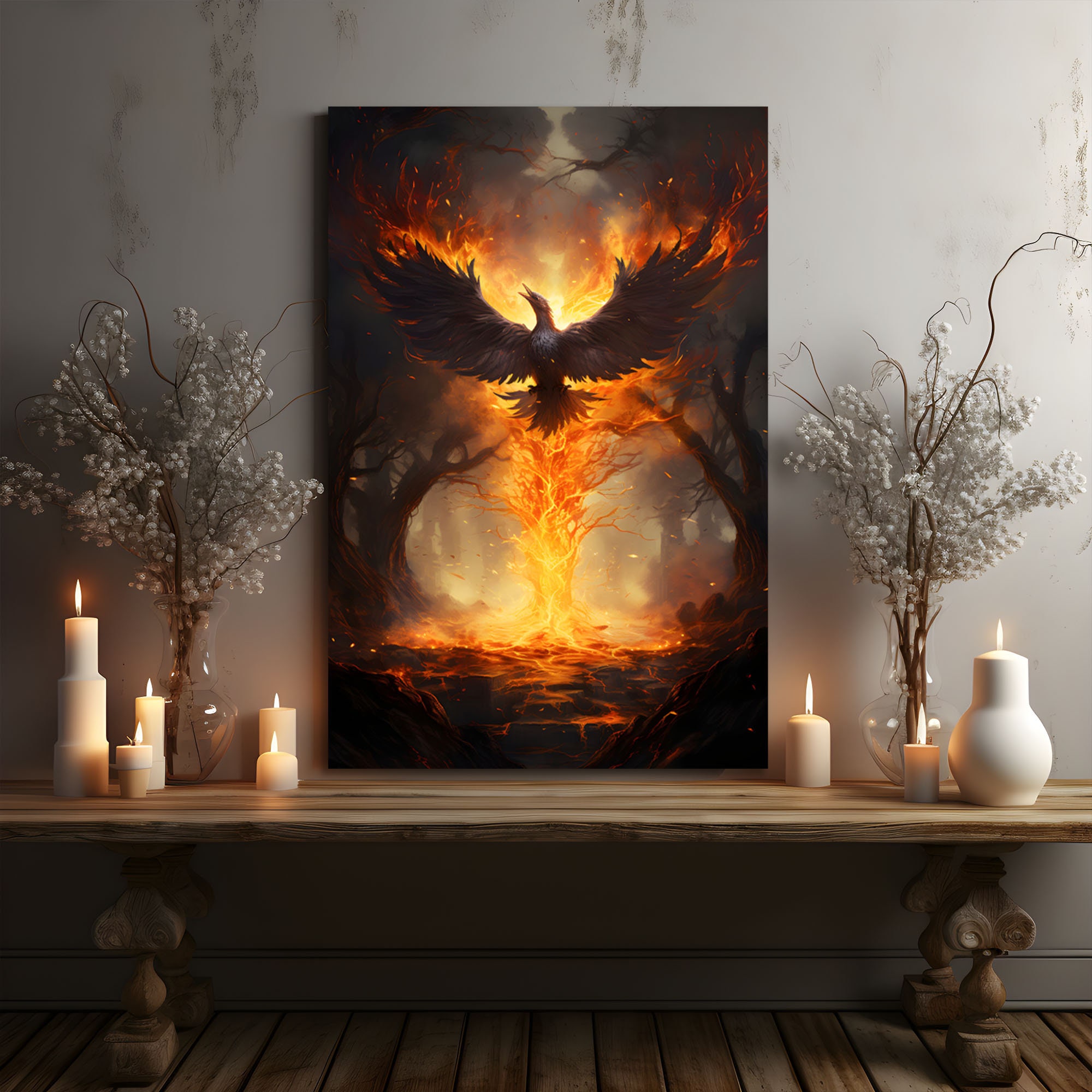 Fiery Phoenix Bird Rising From Flames Wall Art Print on Framed Canvas ...
