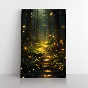 Enchanted Magical Fireflies Spirit Forest Path Canvas Wall Art Print & Poster | Mystical Fantasy Bedroom Decor Spiritual Forest Fairy Tale