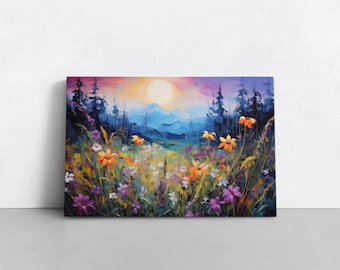 Colorful Mountain Wildflowers & Forest Sunset Oil Painting Print | Floral Botanical Landscape Decor Western Wall Art Nature Flower Blossoms