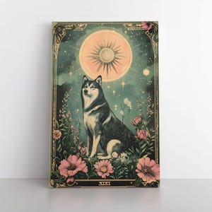 Husky Hund Tarot Karte inspiriert Leinwand Wand Kunst | Erdige Himmlische mystische Witchy Whimsigoth Dekoration | Haustier Hund Cute Siberian Husky Geschenk
