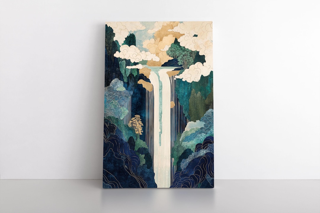 Waterfall Wall Art Canvas – Elegant East Asian Landscape Painting With ...