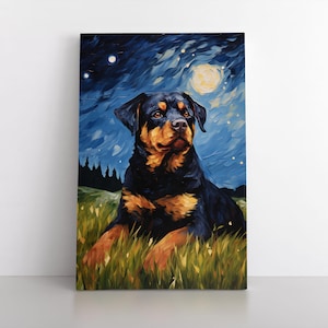 Niedliches Rottweiler-Welpen-Ölgemälde im Stil der sternenklaren Nacht | Rottweiler Haustier Hund Leinwand Wand Kunst Geschenk Kunstwerk