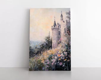 Romantic Castle Wall Art – Fairytale Tower Canvas Print with Wildflowers, Soft Pastel Landscape Painting, European Cottagecore Home Decor
