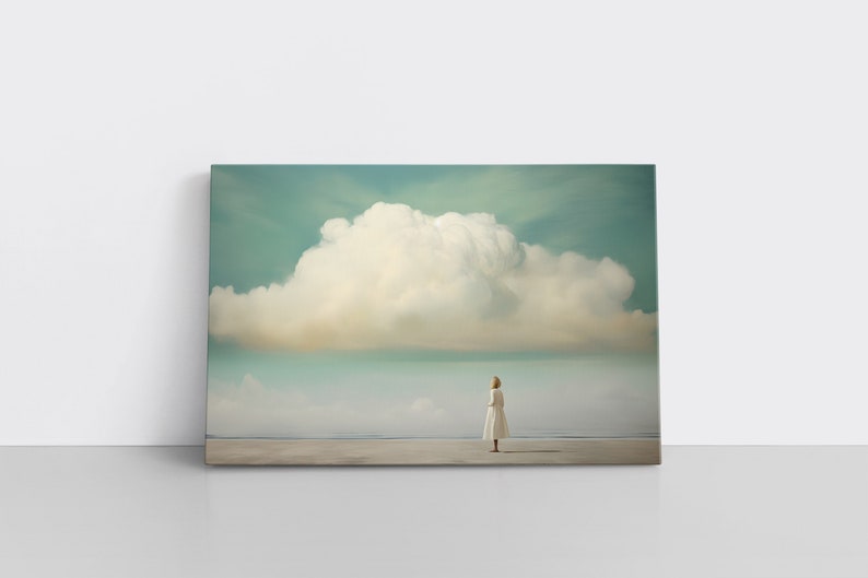 Minimalist Cloud Painting Print on Framed Canvas | Abstract Blue Sky & Clouds Artwork | Moody Wall Art | Study Room Decor | Whimsical Girl