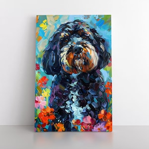 Colorful Cute Portuguese Water Dog Portrait Oil Painting Print | Portuguese Water Dog Artwork | Portie Pet Wall Art Gift