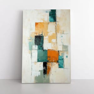 Abstract Teal Blue Orange Beige Oil Painting Print on Framed Canvas Wall Art | Modern Contemporary Minimalist Artwork, Office or Living Room