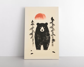 抽象的なミニマリストのクマの絵画 | 水彩画の野生動物アート | ロッジアート | キャビンアート | ブラックベアマウンテンデコレーション