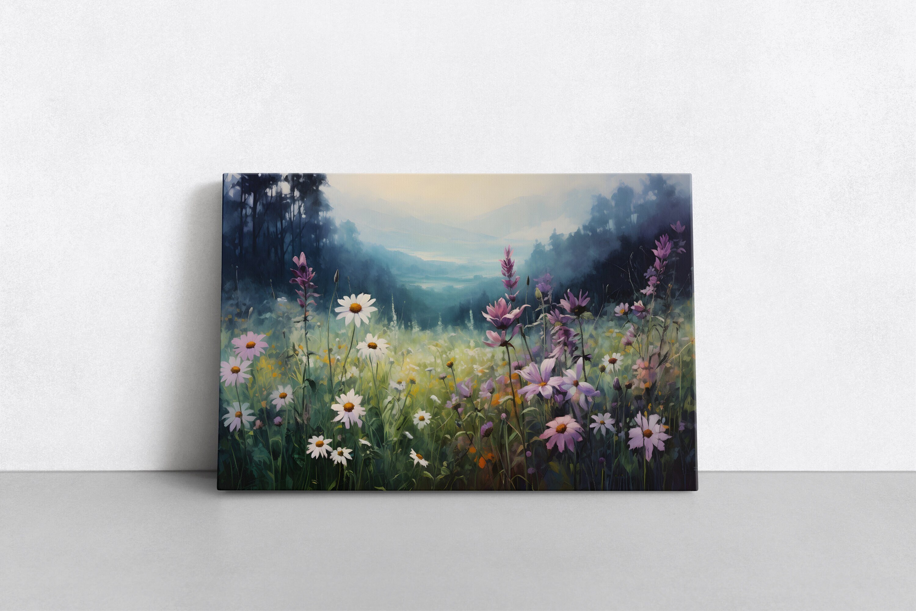 Wildflowers in Mountain Forest Valley Painting Print Canvas | Farmhouse Decor Floral Flowers Botanical Wall Art | Nature Bathroom Landscape