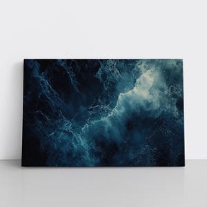 Dark Blue Ocean Waves, Abstract Framed Canvas Wall Art Print | Coastal Nautical Decor | Deep Sea Seascape, Modern Living Room Office Artwork