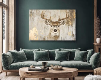 Whitetail Deer Buck Wall Art Print on Framed Canvas | Rustic Animals Wildlife Nature Cabin Decor | Stag Deer Gold Artwork Picture Painting
