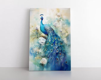 Floral Watercolor Blue Peacock Painting Print Canvas Wall Art | Beautiful Home Decor Animals Birds Abstract Neutral Dining Room Living Room