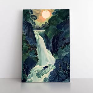 Impression d&#39;art mural paysage japonais Hokusai Ukiyo-e cascade bleu vert sur toile encadrée | Décoration d&#39;intérieur Japandi, oeuvre d&#39;art nature forêt asiatique