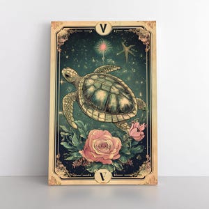Tarot Karte inspiriert Meeresschildkröte Leinwand Wand Kunst | Meerestiere Küstenleben Kunstwerk | Niedliche Schildkröte | Himmlisch-erdiges Jugendstil-Dekor